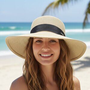 Lizzy by Design Paper Straw Sun Hat | Wide Brim Boater Fedora | Black Ribbon Bow
